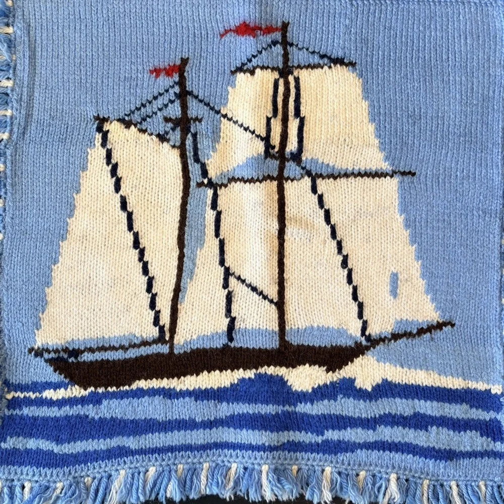 Vintage Textile‎ Nautical Clipper Ship Throw Pillow Cover Sham Blue & White 15